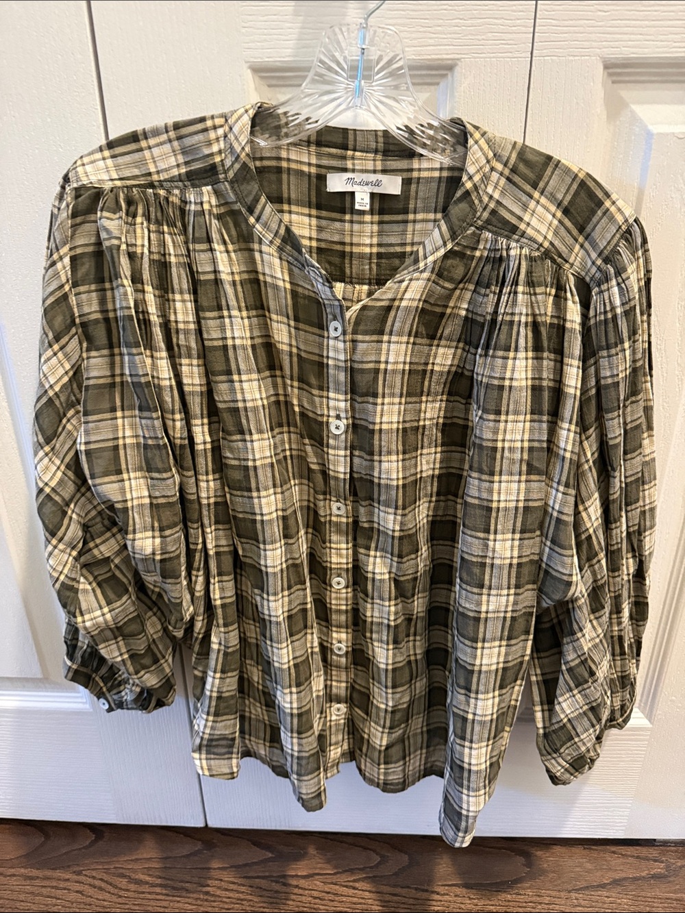 Madewell Olive and Cream Plaid Button-Down Blouse
